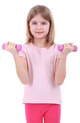 Beautiful little girl doing exercises isolated on white