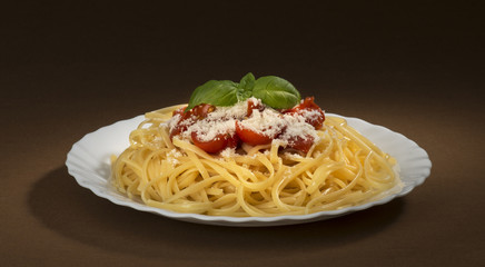 dish with spaghetti and tomato souce