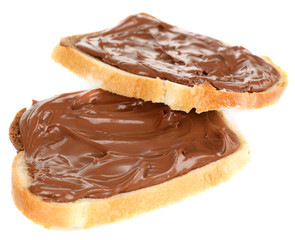 Bread with sweet chocolate hazelnut spread isolated on white