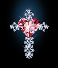 Diamond cross and ruby heart, vector illustration