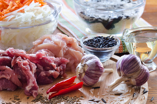 Meat, rice, garlic and other spices