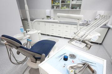 Dental instruments and tools in a dentists office 