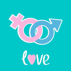 Male and female signs. Love card. Flat design style.