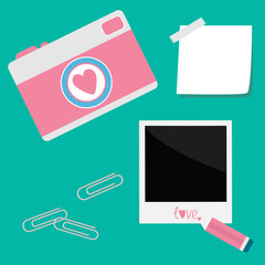 Instant photo, sticker  with  tape, paperclips, pencil and camer