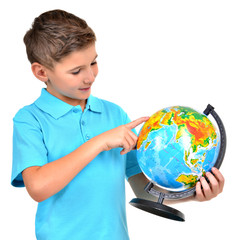 Fototapeta premium Smiling boy in casual holding globe