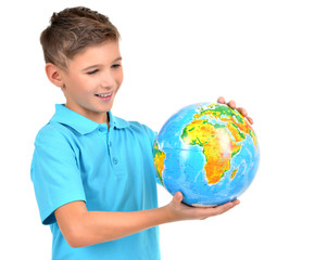 Fototapeta premium Smiling boy in casual holding globe in hands