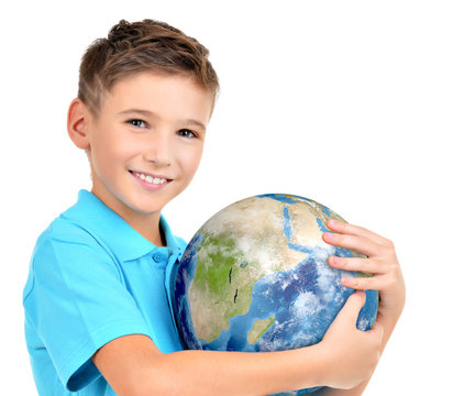 Smiling Boy In Casual  Holding Planet Earth In Hands