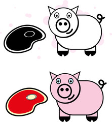 Happy cartoon pig with meat.