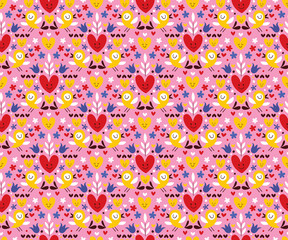 hearts & birds seamless pattern