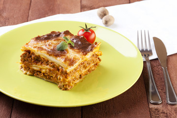 Portion of tasty lasagna on a plate