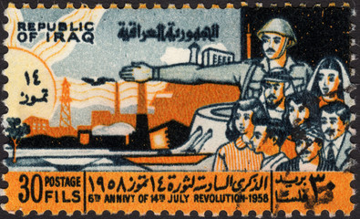 Postage stamp showing  soldier and peope to commemorate revoluti
