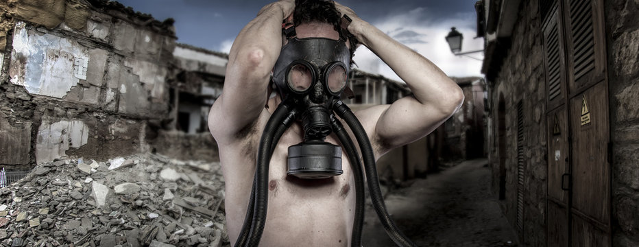 Toxic.Environmental disaster. Post apocalyptic survivor in gas m