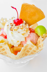 Waffle icecream and cherry