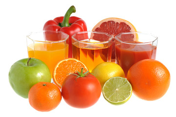 Fruit and vegetable mix with three glasses filled with juice iso