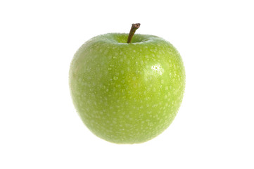 One green apple covered by water drops isolated on white backgro