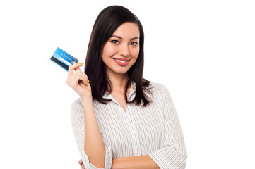 Business lady showing credit card to camera