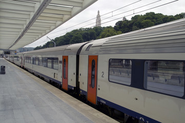 Just arrived train at the station of luik , Belgium.