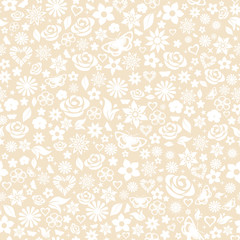 Seamless pattern of flowers, white on beige