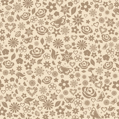 Seamless pattern of flowers, brown on beige