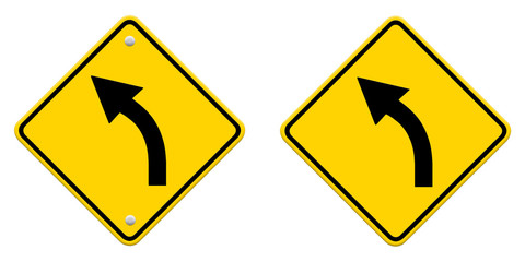 Road sign warning of dangerous left curve isolated on white back