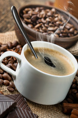 Black coffee, a cup of beans