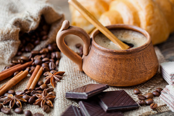 Black coffee, a cup of beans