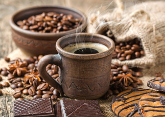 Black coffee, a cup of beans