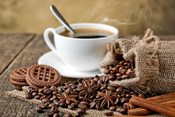 Black coffee, a cup of beans