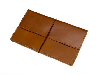Brown leather clutch bag on a white background