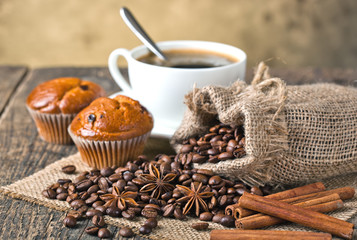 Black coffee, a cup of beans