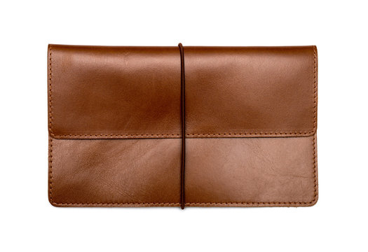 Brown leather clutch bag on a white background