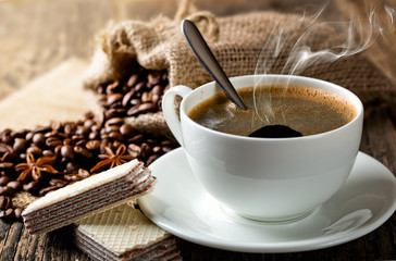 Black coffee, a cup of beans