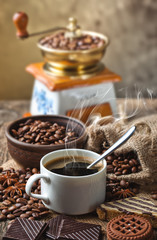 Black coffee, a cup of beans