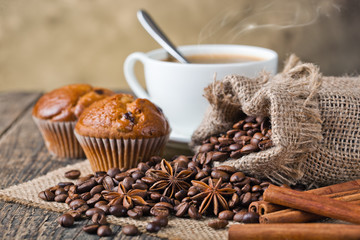 Black coffee, a cup of beans