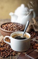 Black coffee, a cup of beans