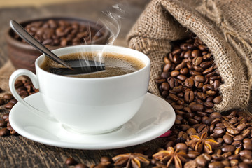 Black coffee, a cup of beans