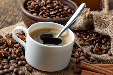 Black coffee, a cup of beans