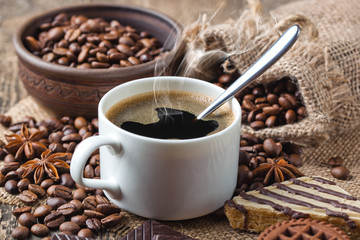Black coffee, a cup of beans