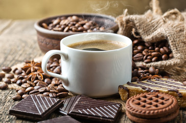 Black coffee, a cup of beans