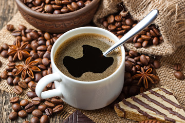 Black coffee, a cup of beans