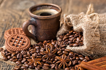 Black coffee, a cup of beans