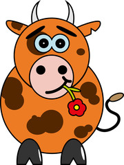 A cartoon bull with a red flower.