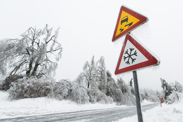 Dangerous and icy road with sleet covered fallen trees