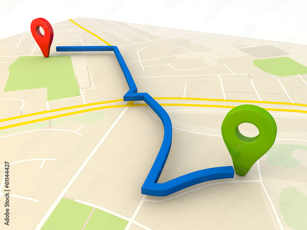 Fototapete city map with pin pointers 3d rendering image