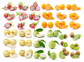 orange, kiwi, guava, pear,dragon fruit isolated on white backgro