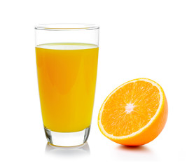 Fresh orange and glass with juice
