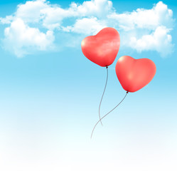 Fototapeta na wymiar Valentine heart-shaped baloons in a blue sky with clouds. Vector
