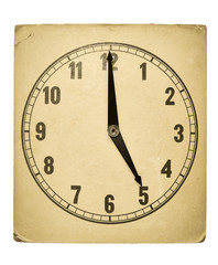 Textured old paper clock face showing 5 o'clock