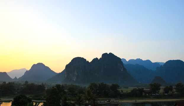 Mountain View at sunset in Vang Vieng, Laos