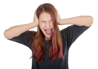 girl closing her ears and screaming
